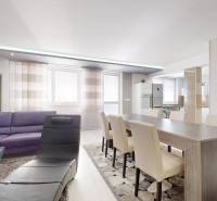 Living room in a 4-room apartment with a sofa, dining table, and kitchen.