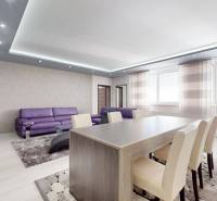 Living room in a 4-room apartment with a purple sofa and elegant lighting.