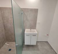 A bathroom in a 3-room apartment with a sink and a glass shower screen.