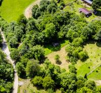 Aerial view of green recreational plots in Zbore, Dohňany surrounded by nature.