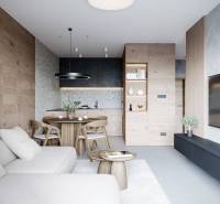 Bright interior of a holiday apartment with a comfortable sofa and a stylish dining table.