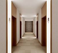 Hallway in a recreational apartment with modern lighting and wooden doors.