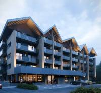 Štôla, a recreational apartment with modern architecture, glass balconies, and parking spaces.