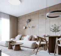 Recreational apartment with wooden furniture, light sofa, and a view towards the balcony.