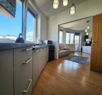 Kitchen and living room in a studio apartment with wooden flooring and large windows.