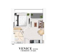 Layout of a 2-room apartment: bedroom, bathroom, kitchen, and living room with a balcony.