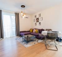 Living room with a purple sofa and a dining table in a 3-room apartment.