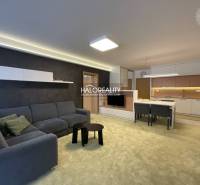 Living room with a sofa, table, and open kitchen in a 3-room apartment.