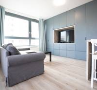 Bright living room with a sofa, television, and kitchenette in a 2-room apartment.