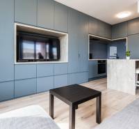 Living room with a blue built-in wardrobe and a kitchenette in a 2-room apartment.