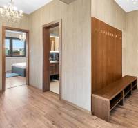 Interior of a 3-room apartment with wooden flooring, a wardrobe wall, and entrances to the rooms.