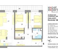 Floor plan of a 3-room apartment with a living room, kitchen, bathroom, and terrace.