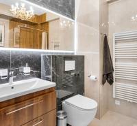 A bathroom in a 3-room apartment with a sink, mirror, and wall-mounted toilet.