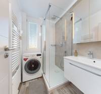 Bathroom with a shower, washing machine, and sink in a 3-room apartment.