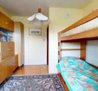 Children's room in a family house with a bunk bed, bookshelf, and carpet.