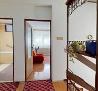 The interior of a family house with flowers on a shelf, doors to the bathroom and a room.