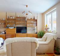 Living room in a family house with sofas, a display cabinet, and a television.