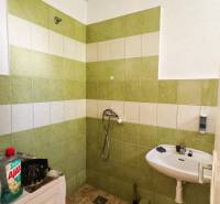 A bathroom in a family house with tiles, a shower, and a sink, next to cleaning products.