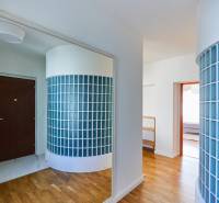 Entrance hallway with blue glass blocks and wooden flooring in a 4-room apartment.