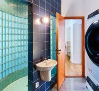 Bathroom with a sink, washing machine, and shower in a 4-room apartment.