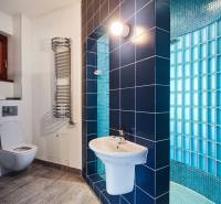 Bathroom with toilet, sink, shower, and washing machine in a 4-room apartment.