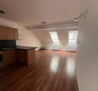 Attic space of a 3-room apartment with wooden flooring and a kitchen unit.