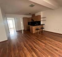Interior of a 3-room apartment with wooden flooring and a kitchen unit with a bar.