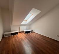 Attic room with wooden floor and skylight in a 3-room apartment.