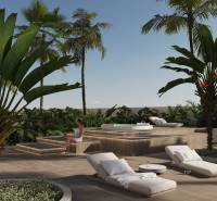 Tropical terrace with loungers, palm trees, and a hot tub in a 3-bedroom apartment in Calpe.