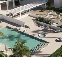 Exterior of a 3-bedroom apartment in Calpe with a pool and loungers in a residential area.