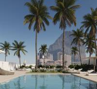 Luxury pool in Calpe surrounded by palm trees with a view of the city and rocks.