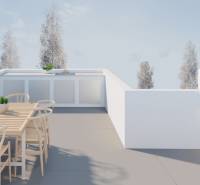 Terrace of a family house in San Pedro del Pinatar with a wooden table and chairs.