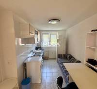 Kitchen area in a studio apartment with a sofa, dining table, and gas stove.