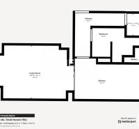 Floor plan of a 1-bedroom apartment with a living room, kitchen, two bathrooms, and a hallway.