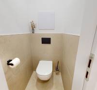 Entrance hall with a toilet and subtle decorations in a 3-room apartment.