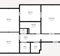 Floor plan of a 3-bedroom apartment with a living room, three bedrooms, a bathroom, a toilet, and two closets.