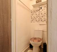 A toilet with decorative wallpaper in the interior of a 2-room apartment.