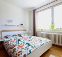 A bright bedroom with a patterned bed and plants in a two-room apartment.