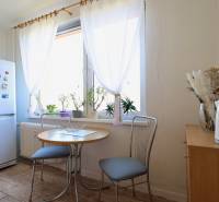 Kitchen in a 2-room apartment with a window, table, chairs, and plants.