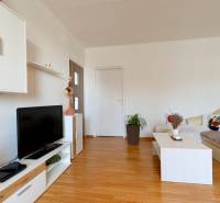Living room in a two-room apartment with wooden flooring, white furniture, and decorations.