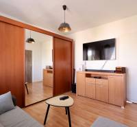 Living room of a two-room apartment with a wooden cabinet, TV, and sofa.