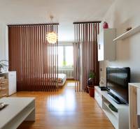 Interior of a 2-room apartment with wooden blinds, cabinets, and decorations.