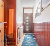 A hallway in a family house with wooden paneling, a coat rack, and doors with frosted glass.