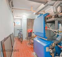 Boiler room with a blue and white boiler, a bicycle, and a reddish-brown floor in a family house.