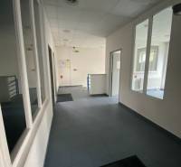 Office corridors with light walls and carpets in warehouses and halls.