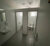 Toilets in warehouses and halls with a sink and two stalls.
