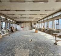 An abandoned room with a damaged floor in an industrial hall, light penetrating through the windows.