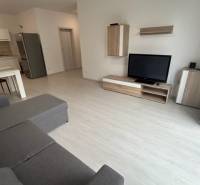 Living room in a two-room apartment with a sofa, TV, and minimalist furniture.