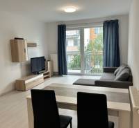 Living area with a sofa in a 2-room apartment, bright interior with a TV and a balcony.