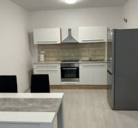 A kitchen with a dining table in a 2-room apartment with modern furnishings.